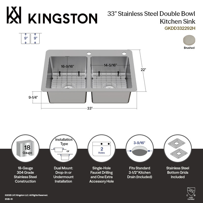Kingston Brass Calgary 33-Inch Stainless Steel Double Bowl Dual Mount Kitchen Sink With Drain, 2