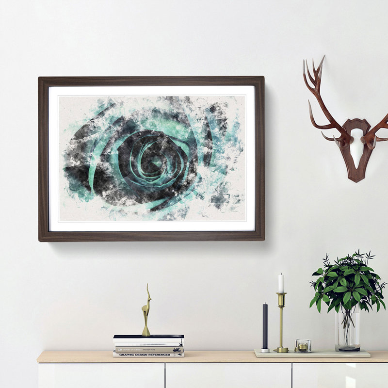 A Teal Rose Watercolour - Picture Frame Graphic Art Print, 45cm H x 63cm W x 2cm D, Walnut Framed