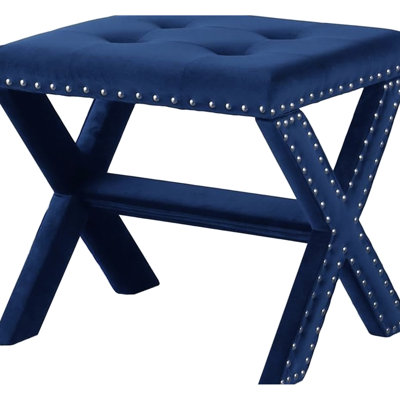 Blue Velvet Bench With Nailhead Trim, X - Shaped Legs, For Contemporary Entryway And Modern Living Ornamentation Trim High Density Foam, Areas