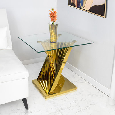 Arzan Glass Bedside Table For Living Room Furniture, Stainless Steel End Table With Glass Tabletop