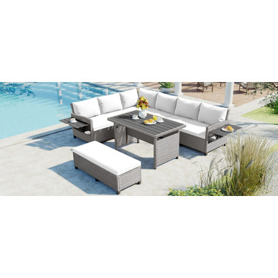 5-Piece  Sectional PE Wicker L-Shaped Garden Furniture Set with 2 Extendable Side Tables, Dining Table and Washable Covers