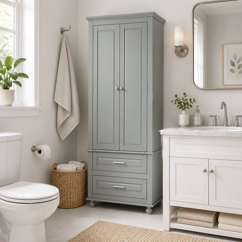 Ramona Freestanding Linen Cabinet With Drawers, Adjustable Shelf, Grey