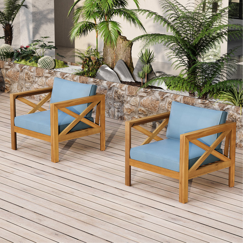 Fauteuil club bleu en bois avec coussin pour les espaces extérieurs, la finition et le coussin de siège spacieux, pour une utilisation confortable