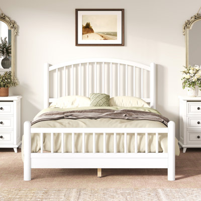 Full Bed Frame with Arched Headboard, Wood Platform Full Bed, No Box Spring Needed, Easy Assembly, Noise Free, White