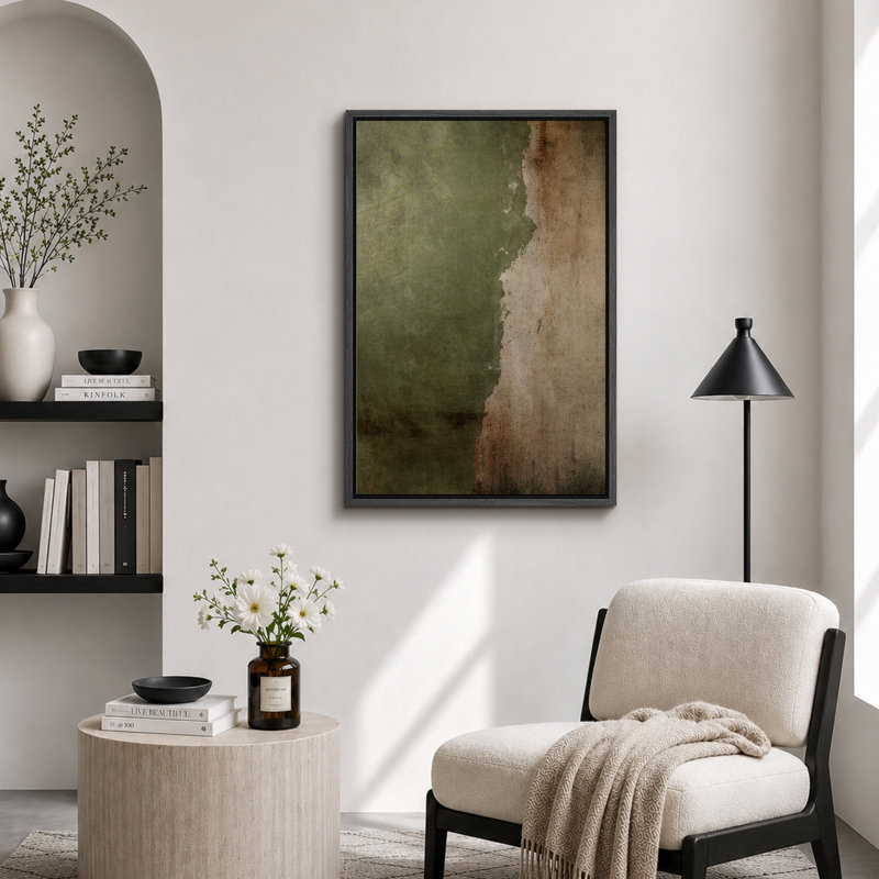 Œuvre d'art vert et beige vieilli, images murales abstraites rustiques modernes, impression sur toile encadrée, Noir