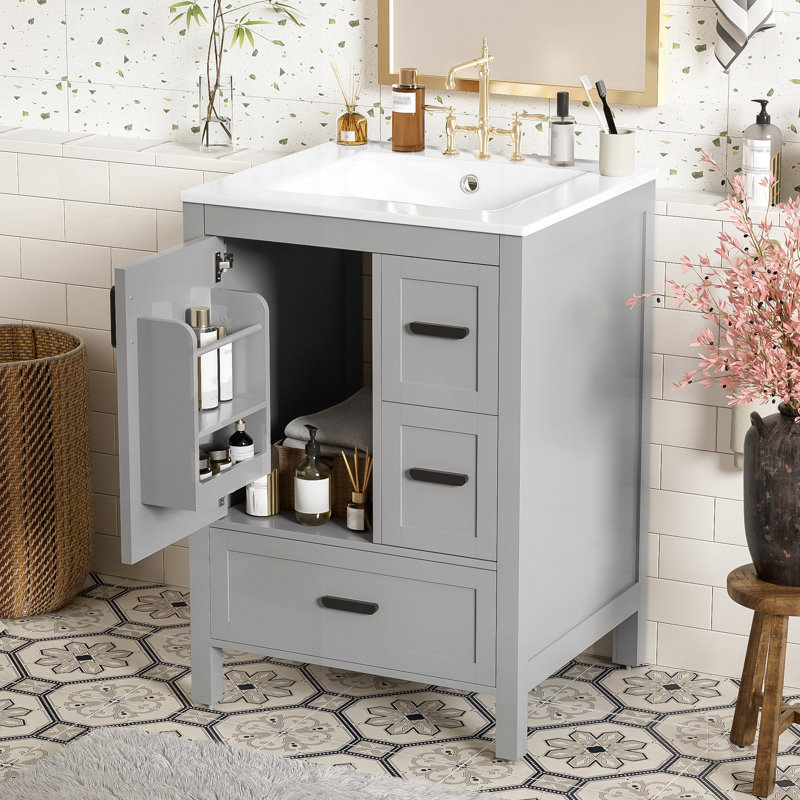 Meuble-lavabo moderne de 24 po avec lavabo en céramique, porte à fermeture en douceur, tablette de porte à double couche et 3 tiroirs