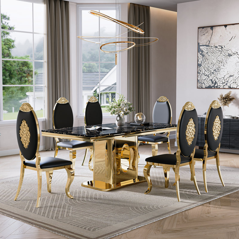 Faux Marble Top Pedestal Dining Set, Black/Gold, Black/Gold, 7 Pieces: Table, 6 Chairs