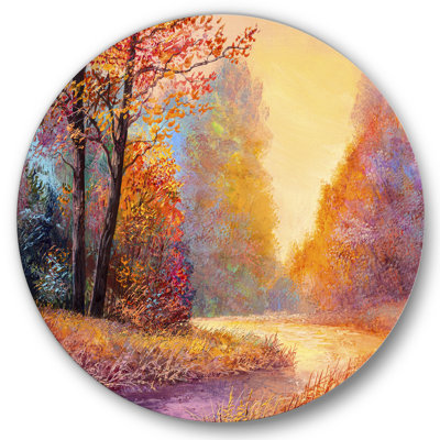 Sentier dans la forêt d'automne, feuilles orange, art mural en cercle en métal Lake House