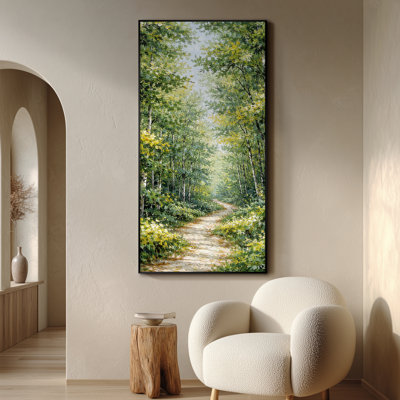Très grand art mural imprimé sur un sentier forestier ensoleillé entouré de bouleaux verts luxuriants pour le salon ou la chambre à coucher - «Assemblage requis du cadre (cadre non fini)»