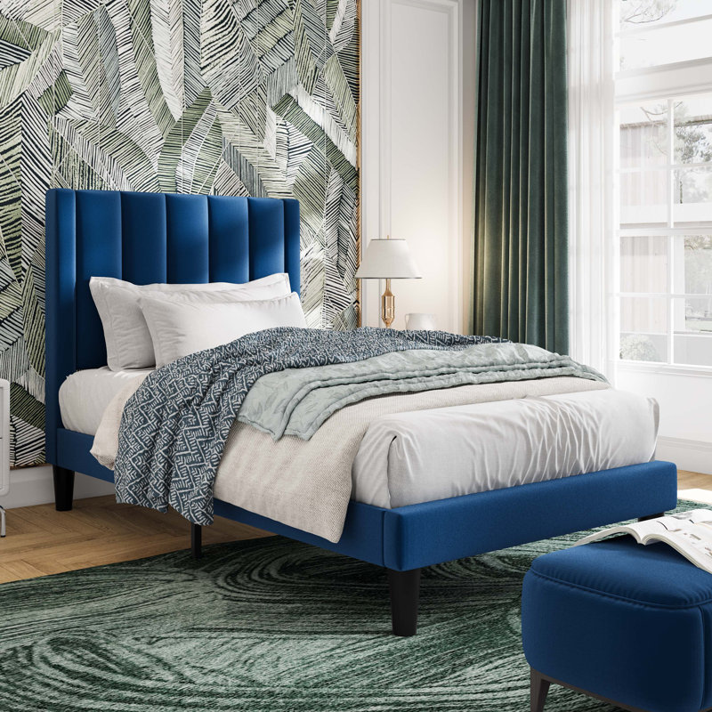 Lit plateforme tapissier en velours avec tête de lit Modern, Bleu marine, Simple