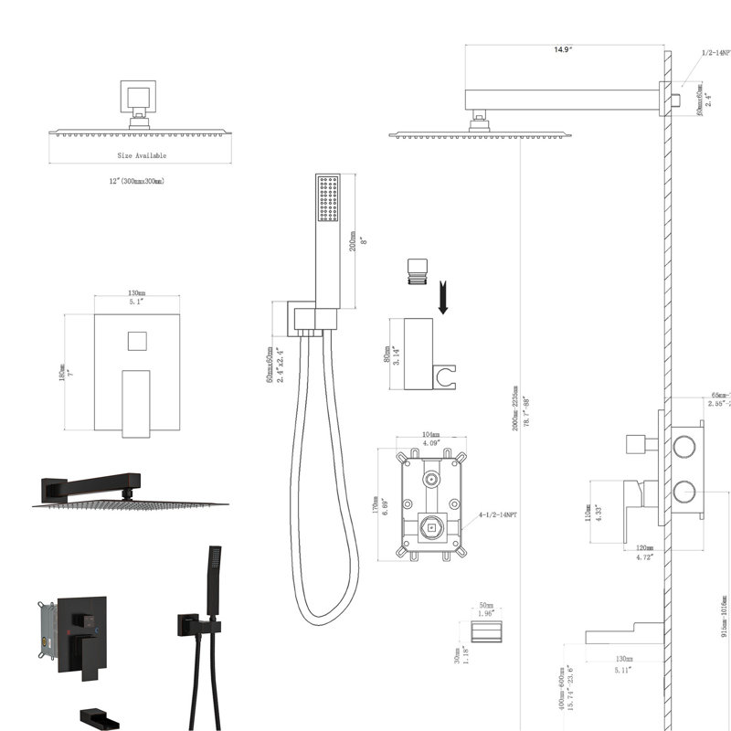 Oil Rubber Bronze Shower System With 12 Inch Wall Mounted Design - Waterfall Tub Spout, 3 Rainfall & Handheld, Valve, Simple Installation And Maintenance Routine Square In 3 Function Upkeep Process