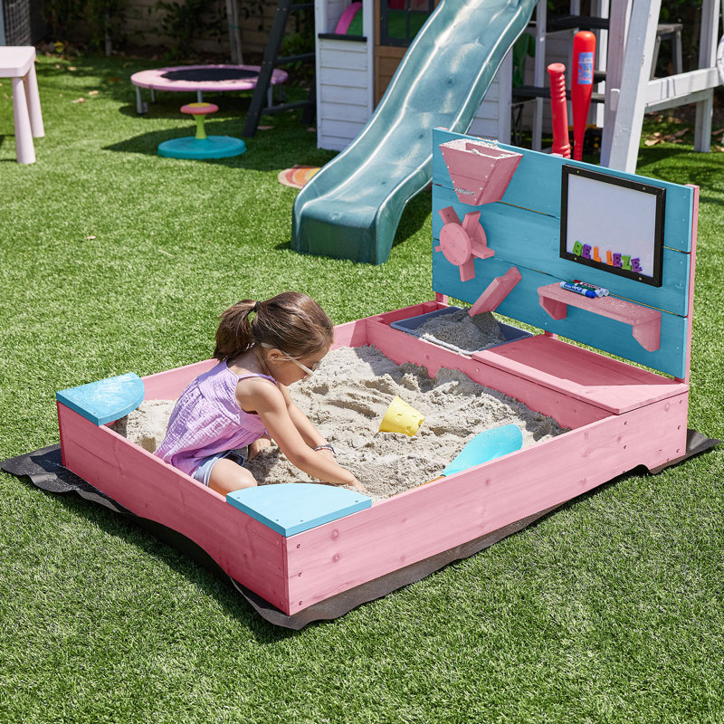 Bac à sable en bois avec couvercle et doublure inférieure, rose