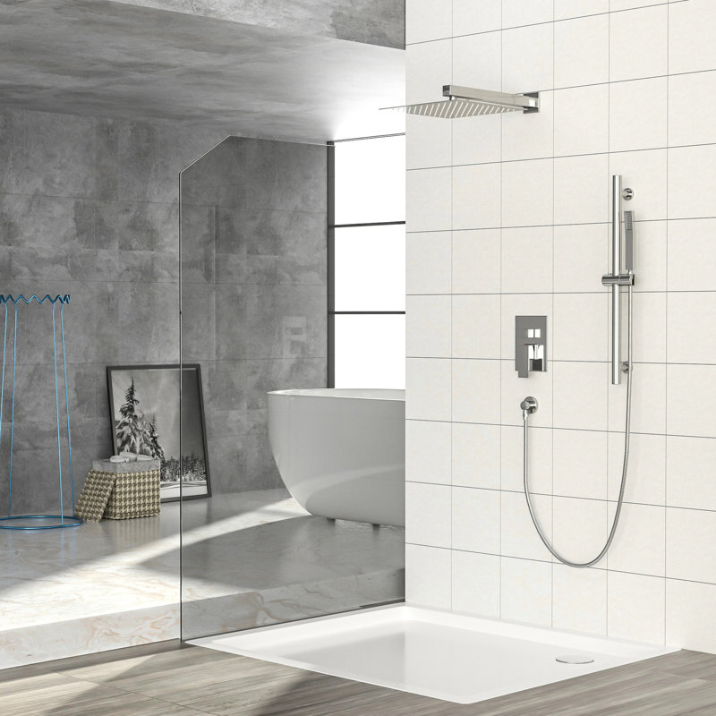 Douche carrée de 12 pouces en nickel brossé - barre coulissante réglable, soupape équilibrée et aspect portatif avec élément de tête