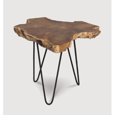 Solid Wood Slab Organic Teak End Table with Black Metal Base