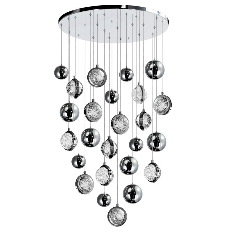 Lustre en nickel poli de 24 pouces avec abat-jour intégrés en verre bullé et à DEL - Idéal pour la salle à manger, la cuisine ou le vestibule