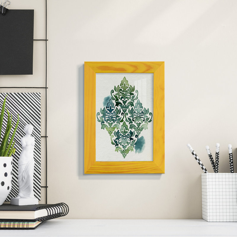 Algue et azule, motif I encadré sur papier, L 7 po x H 9 po x P 1 po, Cadre jaune