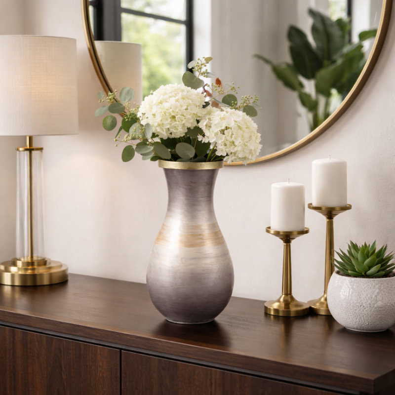  Sculptural Urn Glass Vase with Rim for Home Decor - Decorative Tall Flower Vase Accent for Shelf, or Living Room Table Styling - Brown & Ivory