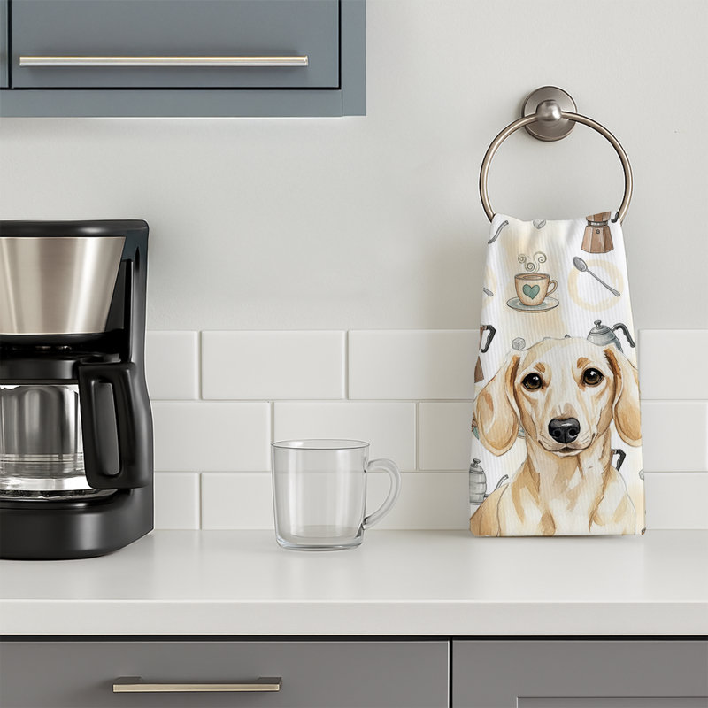 Cream Dachshund Coffee Bar Kitchen Towel, Cream Dachshund