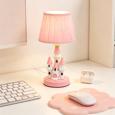 Lampe de table pour enfants, adorable lampe de bureau de style château de 14 pouces pour filles, éclairage de chevet rose avec abat-jour en tissu plissé, ampoule DEL incluse