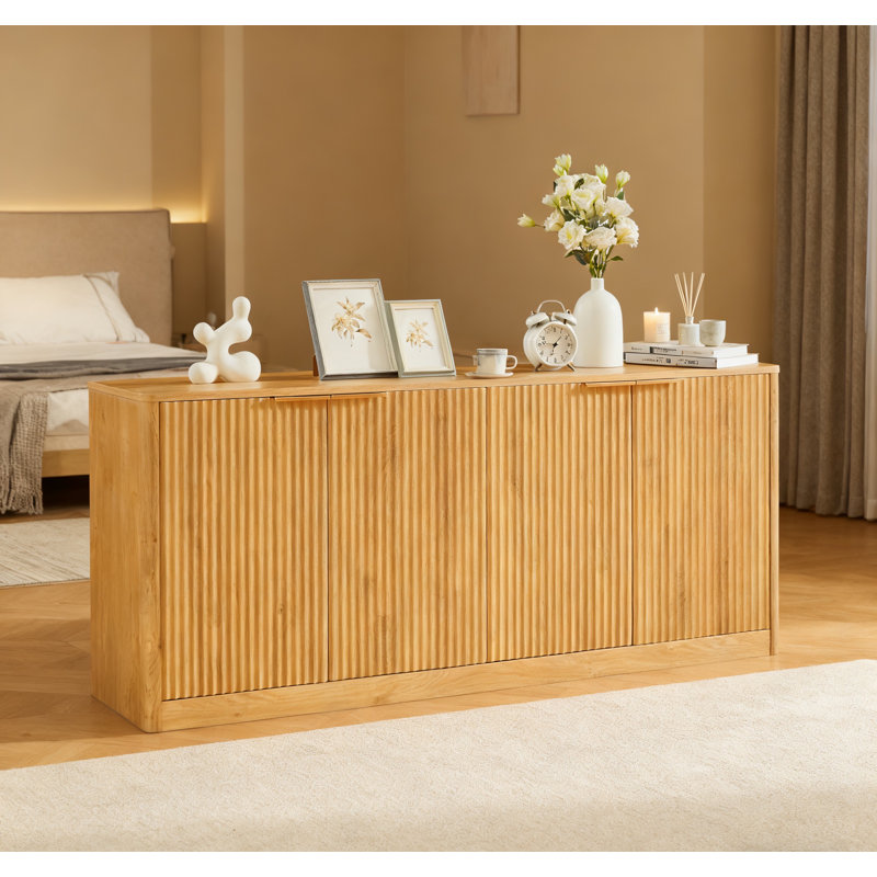 59-Inch Modern Wavy Sideboard, Curved Contour Design Storage Cabinet, 4-Door Cabinet With Storage Function, Suitable For Kitchen/Bedroom/Living Room, Natural, 59.0"L X 15.7"W X 27.7"H