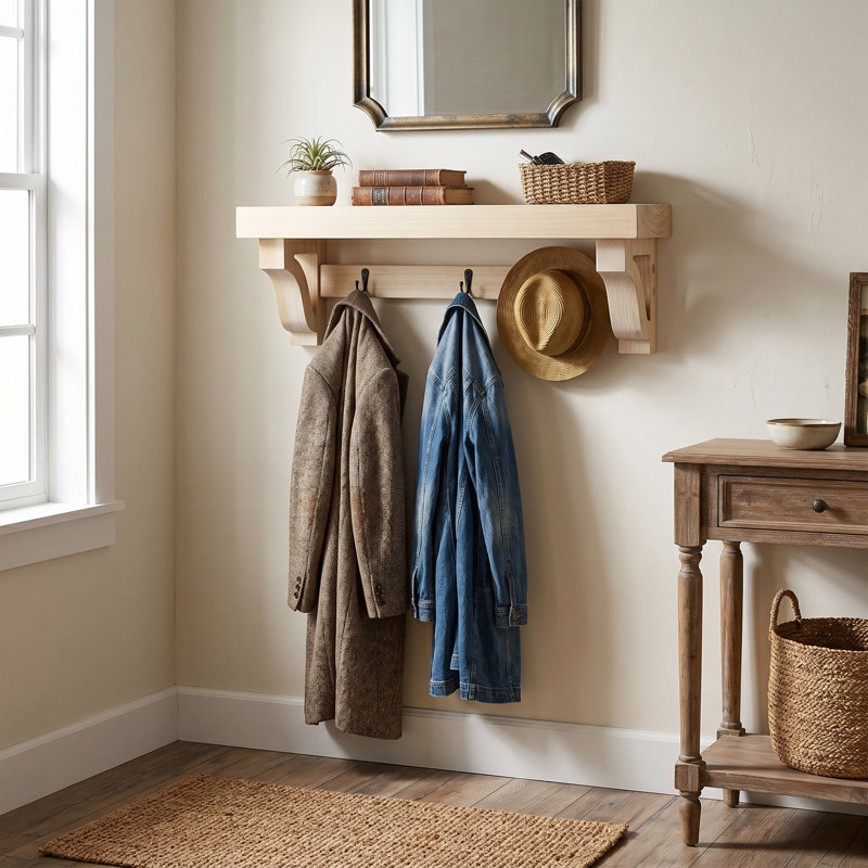 Rayne Medium Wall Mounted Coat Rack with Shelf 4 Hook, 30/6/6, Raw