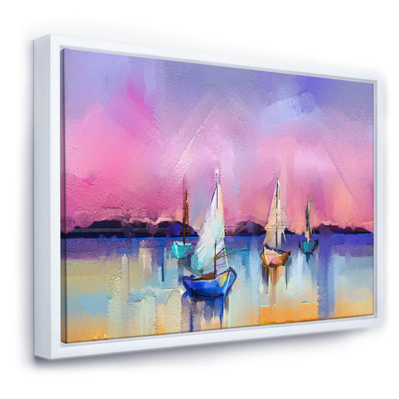 «Little Ships on Pink Seascape Sky», reproduction d'art sur toile, H 24 po x l 32 po x P 1 po, Toile avec cadre blanc