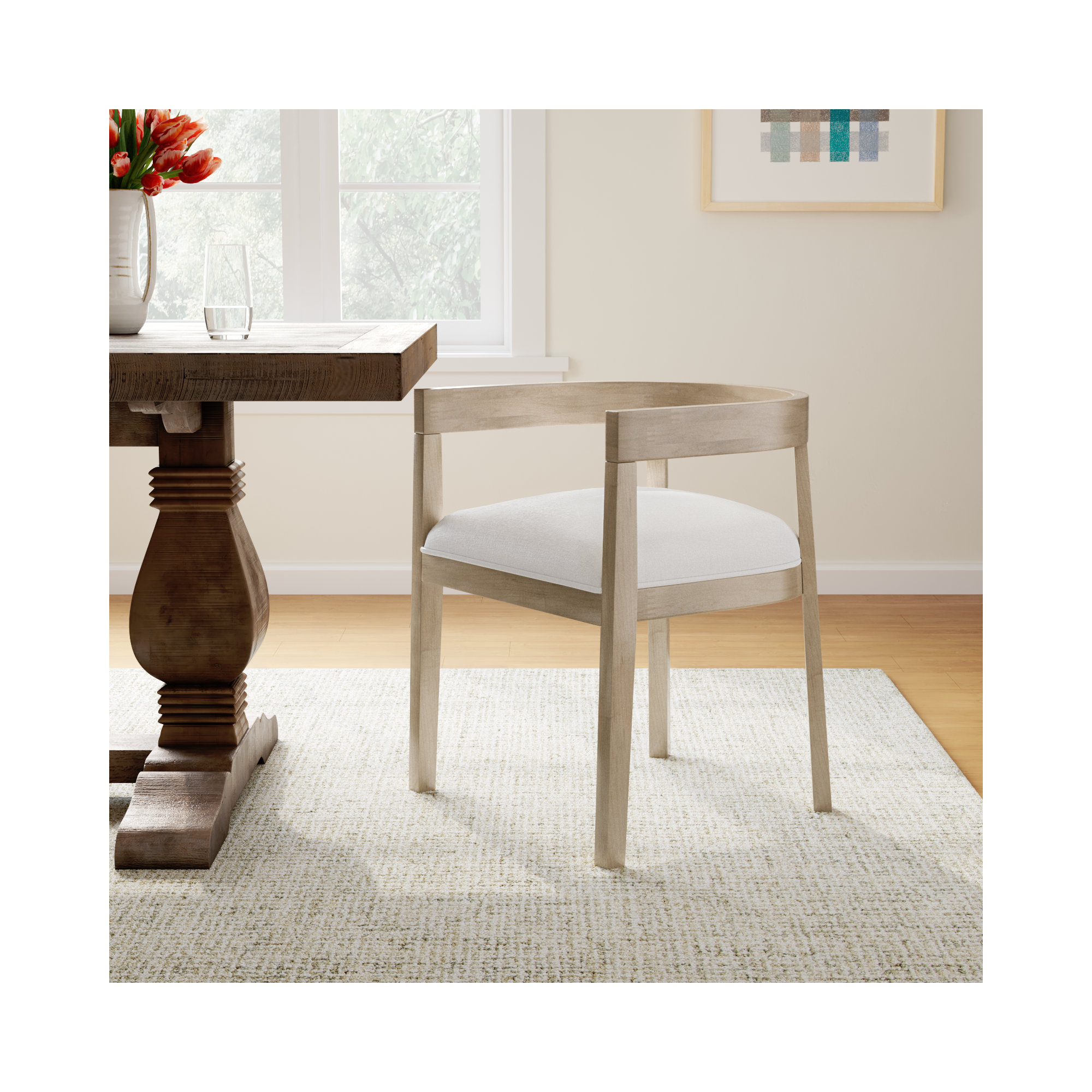 Daney Barrel Back Dining Chair, Beige Polyester Blend, Light Ash
