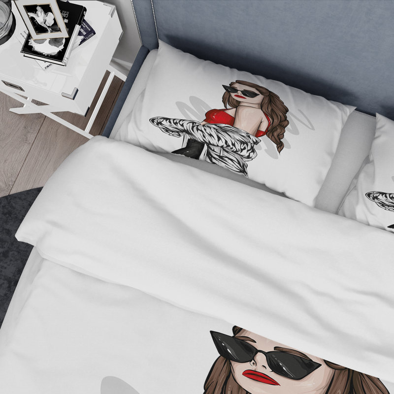 Jeune femme élégante avec lunettes de soleil IV - ensemble de housse de couette moderne - microfibre de polyester