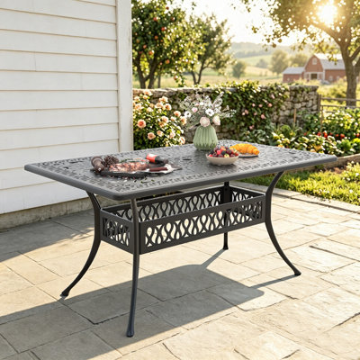 58.27"L Rectangle Outdoor Dining Table with a 1.88" Umbrella Hole, Black Cast Aluminum Frame