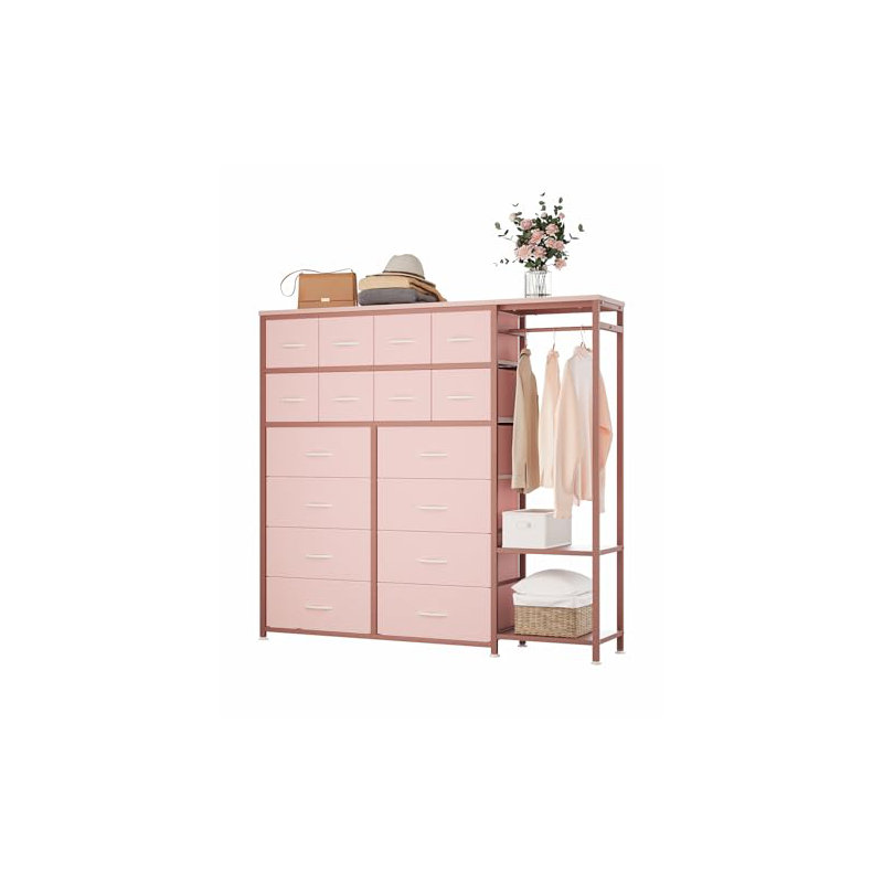 Tall Dresser for Bedroom with 16 Drawers, Clothes Rack and Storage Shelves, Bedroom Storage Dresser for Clothes Organization
