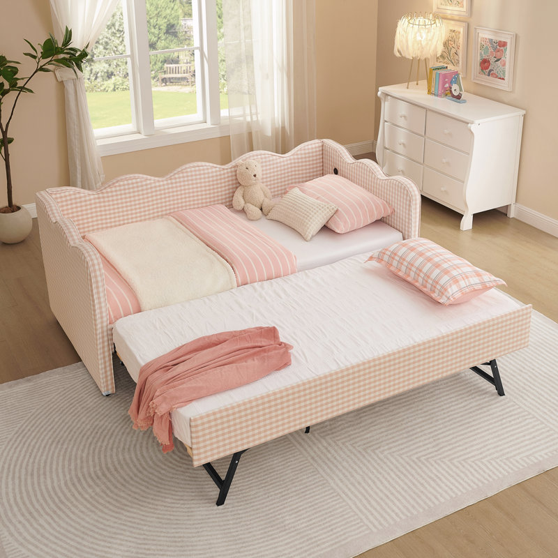 Daybed with Trundle Twin Size Sofa Bed No Box Spring Needed, with USB Port and Adorable Wave Shaped, Linen Fabric, Pink