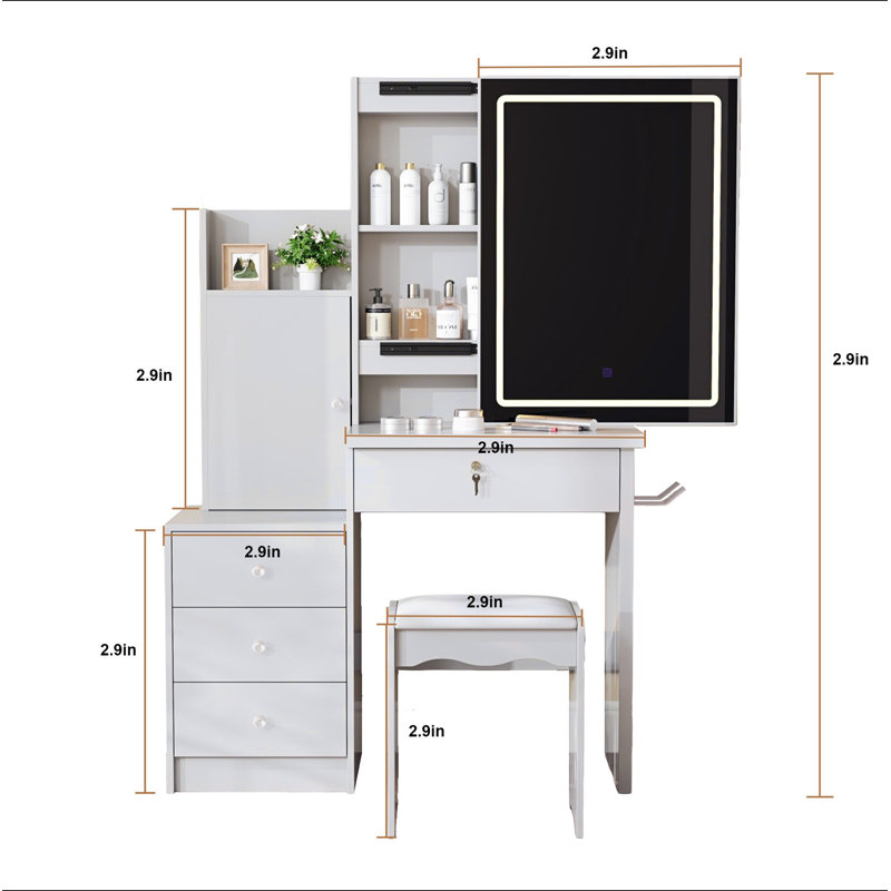 Vanity Desk Set With Sliding Lighted Mirror, Makeup Dressing Table With 4 Drawers & 9 Storage Spaces, Hidden Compartments And Cushioned Stool, White Beauty Furniture For Bedroom