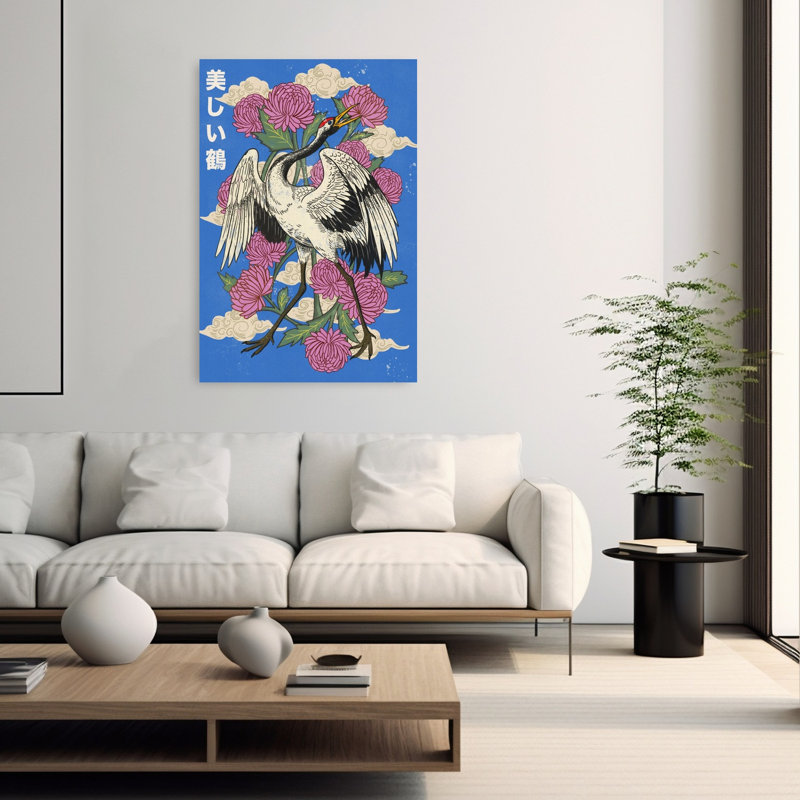 Elegant Japanese Crane Blooms Elegant Traditional Abstract Bird Chrysanthemum Nature Wildlife Wall Art Print 1 Piece Wrapped Canvas Wall Art