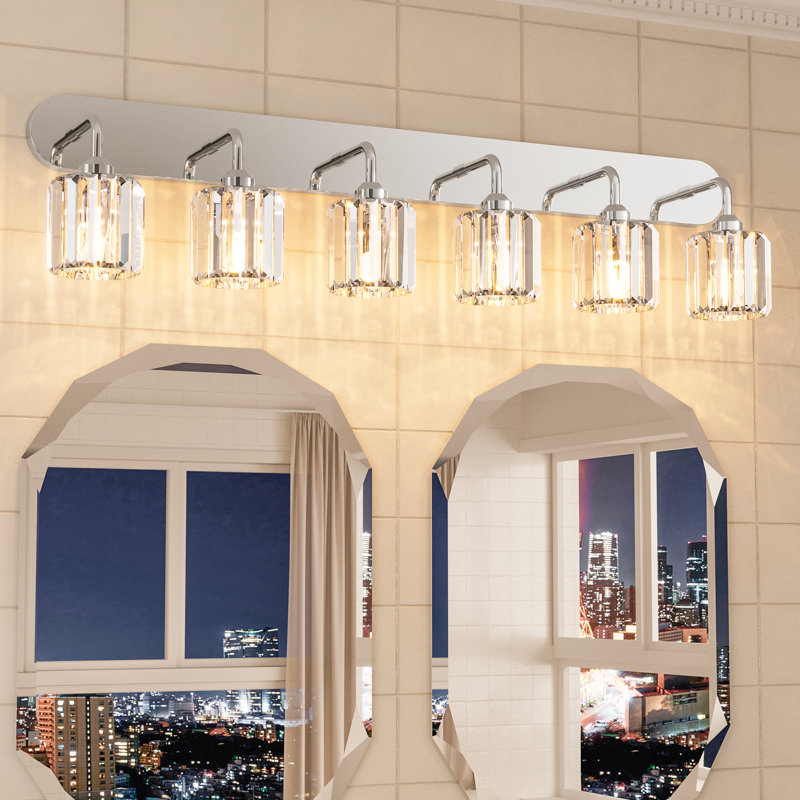 Dimmable Bathroom Vanity Light with Crystal Shade, Polished Chrome, 6 Lights