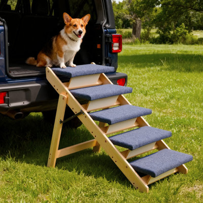 Wood Pet Stairs, 5-Step Dog Stairs for Beds, Sofa & Cars, 150lbs Load Capacity, Floded Flat Design, Stable & Sturdy Cat & Dog Step Ladder for Small Medium Large Older Pet Puppy Essentials