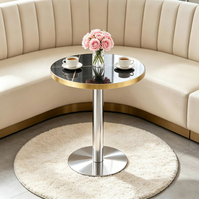 Table basse ronde en panneau de fibres à densité moyenne de 23,6 po avec comptoir de peinture UV, texture de marbre, bordure en acier inoxydable, pieds de table en métal, table basse de luxe moderne et légère.