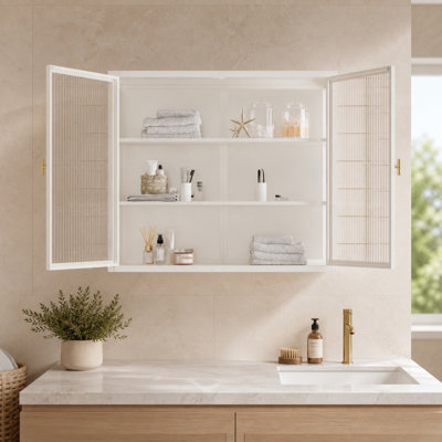 28 in. White Metal Wall-Mounted Storage Cabinet with Fluted Glass Double Doors and 3-Tier Storage