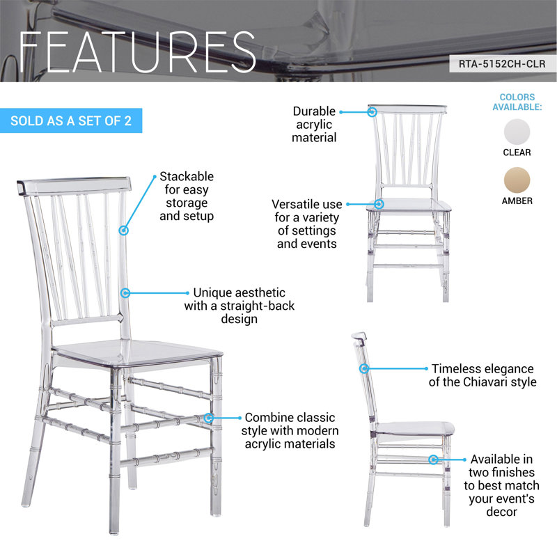 Ensemble de 2 chaises empilables en acrylique transparent de style Chiavari