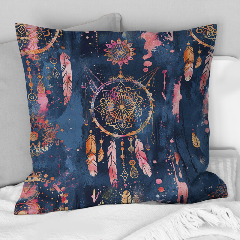 Coussin bohème rose, rose et bleu, H 16 po x l 16 po, Carrée