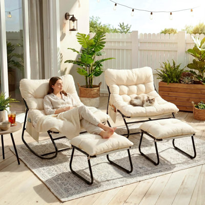 Outdoor Papasan Rocking Chair with Ottoman, Lounge Chair with Cushion & Sturdy Metal Frame, Patio Rocker Chair for Balcony Backyard Porch Bedroom, Beige