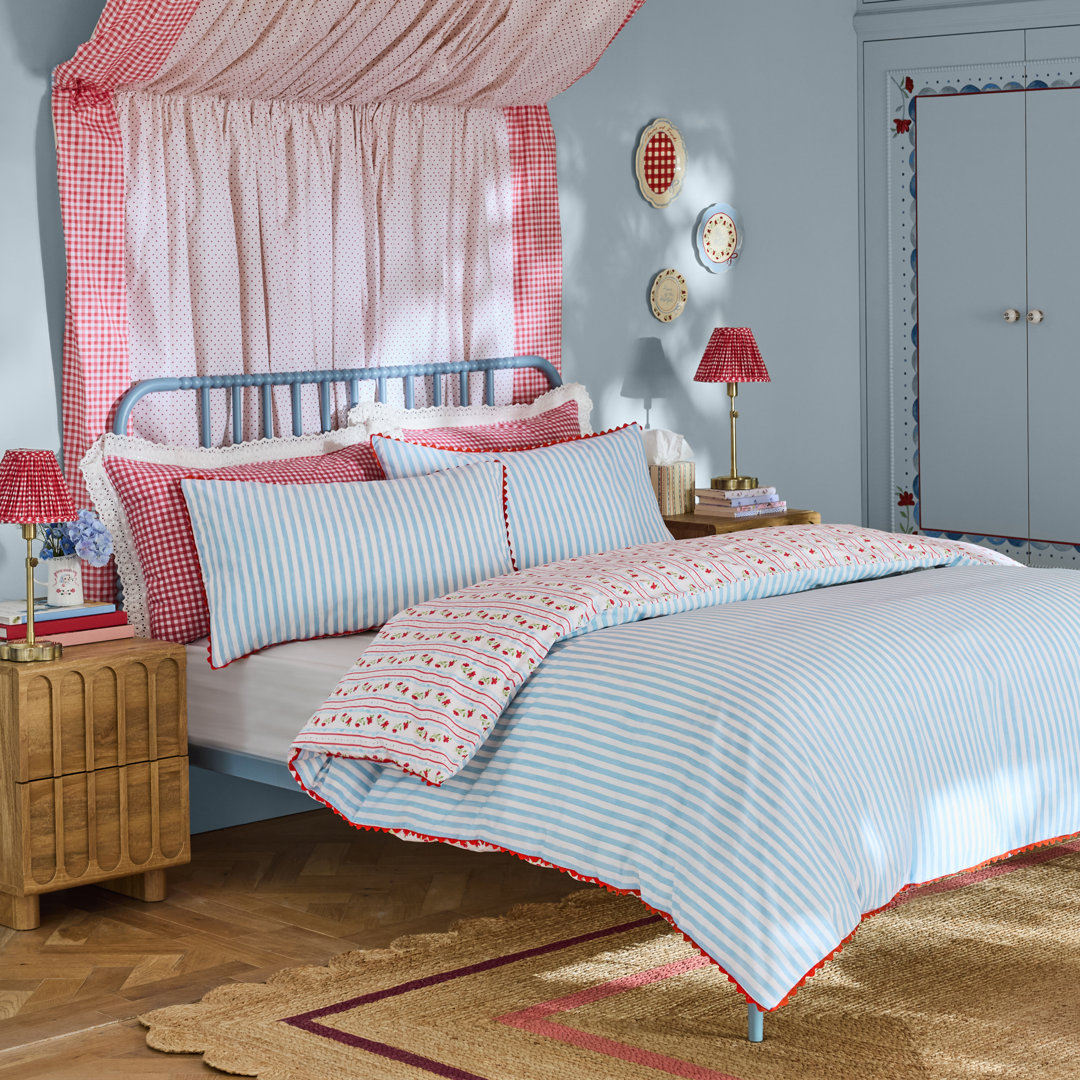 Cath Kidston Treasure Floral Stripe Cotton Duvet Cover Set - Red / Navy - Super King - Image 3