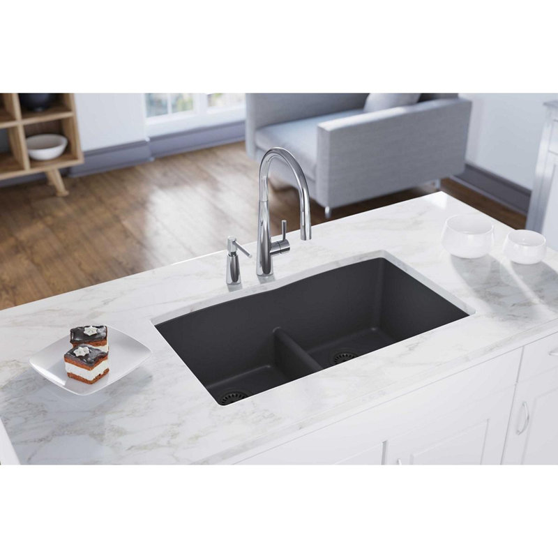 Quartz Classic 33" x 19" x 10" Double Basin Undermount Kitchen Sink with Aqua Divide, Dusk Gray