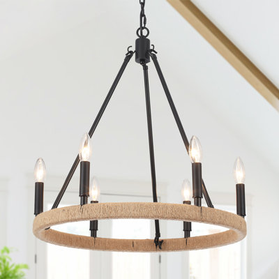 Lustre en roue de chariot à 6 lumières de style bougie avec accents de corde de chanvre Vokolida