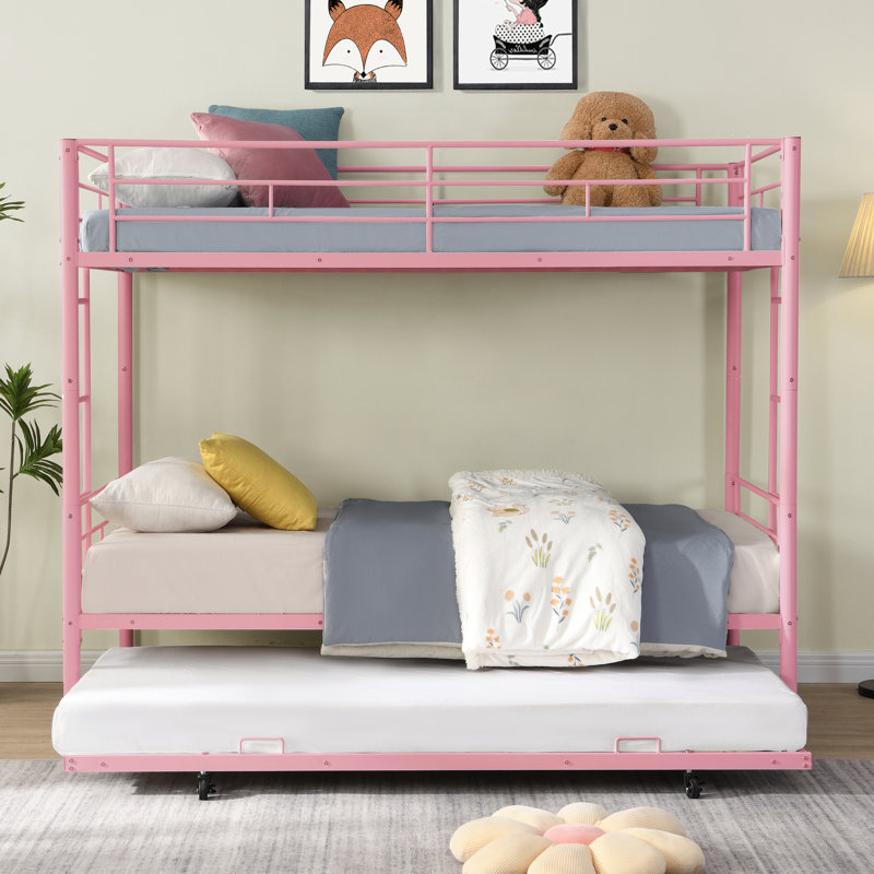 Lit superposé en métal avec lit gigogne rose - Délice de chambre à coucher moderne, conception d'espace, construction durable, fonctionnement silencieux et stable, grande capacité de charge, escalier sécuritaire inclus, lit simple