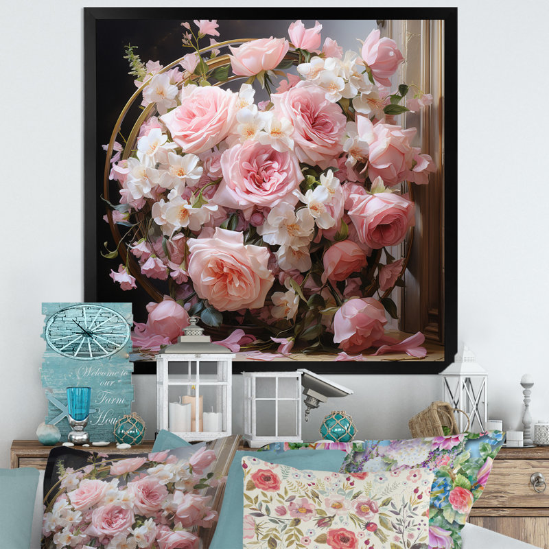 «Pink Wreath Romantic Impression I», reproduction sur toile, H 16 po x l 16 po x P 1 po, Noir