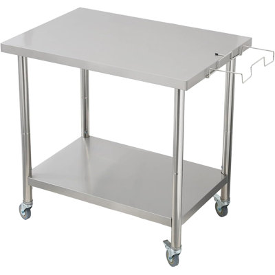 Stainless Steel Straight Edge Work Table 30 inch Double Layer with Casters & Garbage Shelf, Heavy Duty Commercial Prep Table, 30×24×35Inch