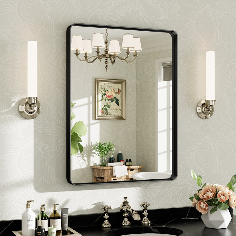 Miroir de salle de bain mural Llesenia, Noir mat, 32 po x 24 po, Rectangulaire