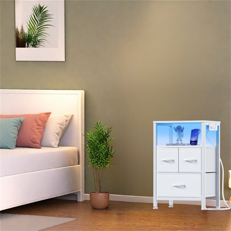 Table de chevet multifonctionnelle avec station de charge, lumières DEL et rangement, Blanc