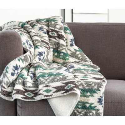 50" X 60" Ivory Gray And Green Faux Sherpa Southwestern Throw Blanket