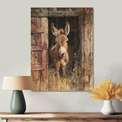 Cute Donkey Portrait At The Farm I - Donkey Wood Print - On Natural Pine Wood